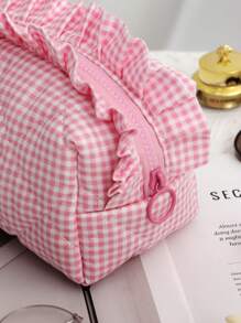 1 Stück rosa gesteppte Kosmetiktasche, karierte Schminktasche, Kulturbeutel, minimalistischer multifunktionaler Kosmetikbeutel, modischer lässiger Kosmetikbeutel mit großer Kapazität und Reißverschluss, unverzichtbar für Reisen & Urlaub - Pink - Übersicht 5