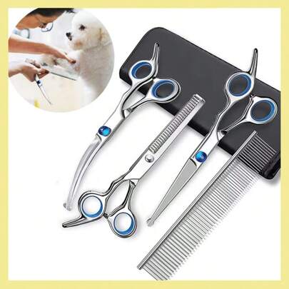 Professional Stainless Steel Pet Grooming Scissors Set, Includes Straight Blade Scissors And Curved Blade Scissors For Dog, Cat, Rabbit, Pet Grooming Tools