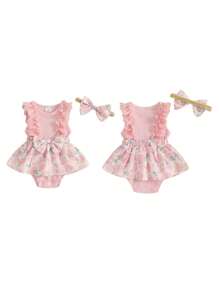 Peleles para niñas, vestidos de Pascua, encaje con volantes, estampado de huevos de Pascua, falda con dobladillo, monos para bebés con diadema - Rosa - Ver 2