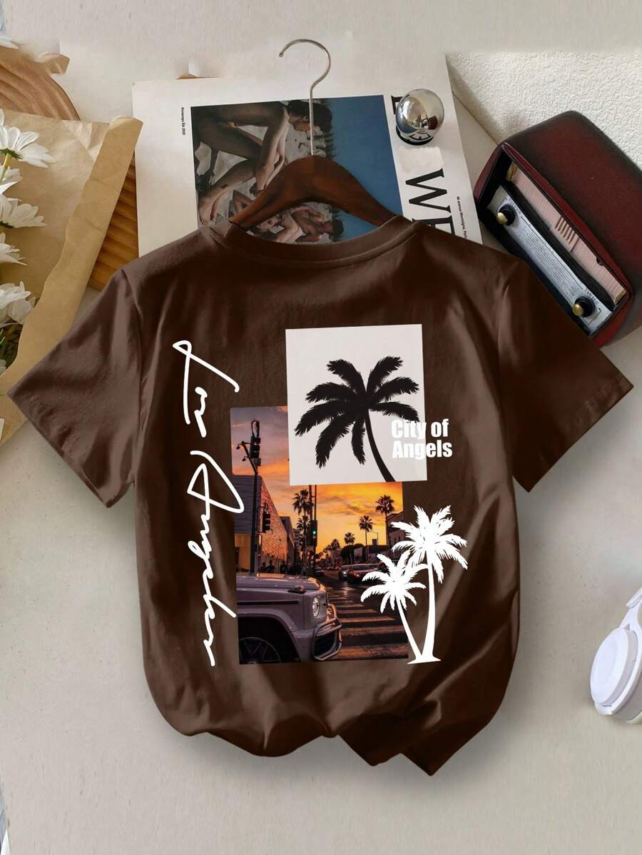 Camiseta de verano de cuello redondo para niño con estampado gráfico casual simple de la puesta de sol de California