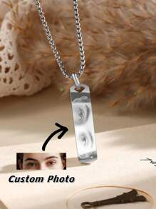 Customized Stainless Steel Laser Engraved Eye Photo Necklace, 60cm Faux Pearl Chain Personalized Rectangle Pendant Necklace, Gift For Boyfriend Couples Eye-To-Eye Couple Necklace,Jewelry & Watches,Season Picks,Custom Name Stainless Steel Necklace, Personalized Nameplate - Silver - View 2