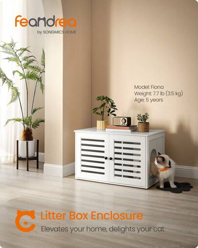 Feandrea Cat Litter Box Enclosure, Litter Box Furniture Hidden With Removable Divider, 2 Shutter Doors, Indoor Cat House, End Table, 80 X 53 X 49 Cm, Cloud White