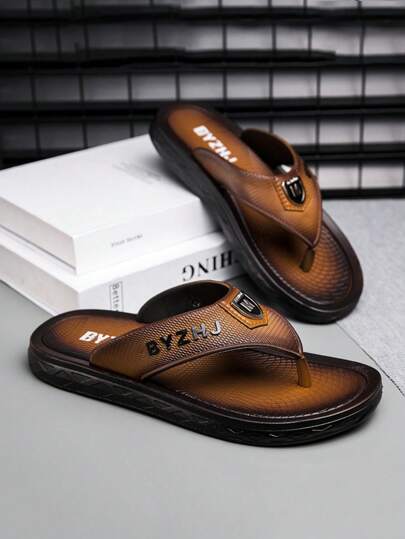 1 Pair Men's Casual Lightweight Leather Splicing Slip-On Beach Sandals, Simple & Anti-Slip Flip-Flops