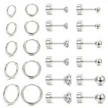 11pcs Gold Tone Ring & Earring Set - Multi-Hole Small Earrings, Surgical Steel Flat Back Earrings, Wood Stud Earrings, Unisex Cubic Zirconia Ball Earrings