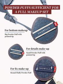 Amortals 3 pièces Tampons à coussin d'air + 3 pièces Set cadeau de pinceaux de maquillage en jean, incluant des pinceaux pour fond de teint, fard à joues, ombre à paupières, anticernes. Convient aux débutants et à tous les types de peau. Idéal pour les vacances et le maquillage quotidien.