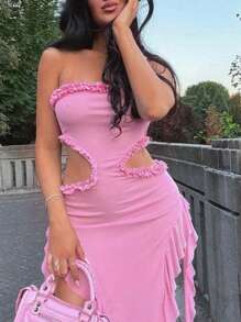 Women's Strapless Ruffle Hem Long Dress