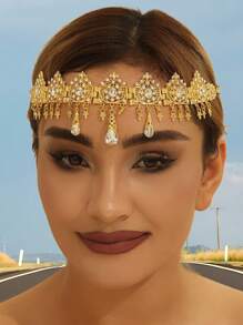 1pc Gold Rhinestone Glamorous Women's Headchain, Teardrop Tassel Bridal Jewelry Set, Suitable For Women's Wedding, Party Wear