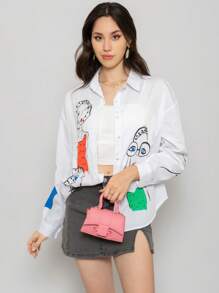 Camisa para mujer con incrustaciones de pedrería y estampado de moda - Blanco - Ver 1