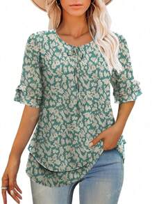 Women's Floral Print Tie-Front Short Sleeve Blouse