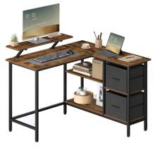 VASAGLE L-Shaped Desk With 2 Spacious Drawers, Gaming Desk With Monitor Stand, Corner Desk, Computer Desk With Adjustable Storage Shelf, For Home Office, Rustic Brown - 鏽棕色 - 查看 7