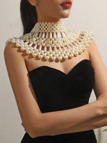 1pc Elegant Handmade Multi-Layer Faux Pearl Tassel Necklace Body Chain, Suitable For Women's Casual, Fashion Party, Wedding Jewelry, Vacation, Birthday, Mother's Day, Eid, Christmas Gift - White - View 1