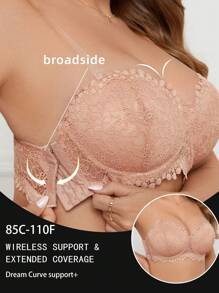 Plus Size Women Side Buckle Lace Patchwork Wireless Comfort Tube Lingerie Bra With No Underwire, Enhancing Back Design - Apricot - View 3