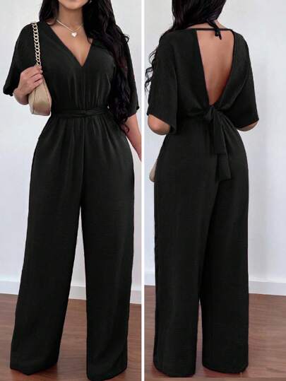 女士V领休闲通勤宽松露背系带性感连体裤，夏季