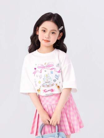 zosee Young Girl Short Sleeve T-Shirt, Children Hand-Painted Soft Casual Breathable Tee For Summer