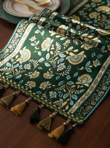 1pc Vintage Patterned Table Runner, Tasseled Decor To Enhance Dining Environment, Suitable For Holiday Celebrations - Green - View 2