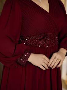 SUPGIR Đầm dài tay phồng cổ chữ V, xếp ly eo, đính sequin, chất liệu chiffon, thích hợp dự tiệc, đám cưới, dạ hội, mùa xuân thanh lịch. - Màu Đỏ Sâu - Xem 6