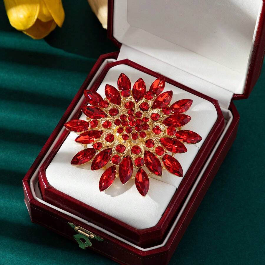 1pc Rhinestone Flower Crystal Brooch, Sun Flower Shaped Pin Decoration Gift For Women - Red - View 1