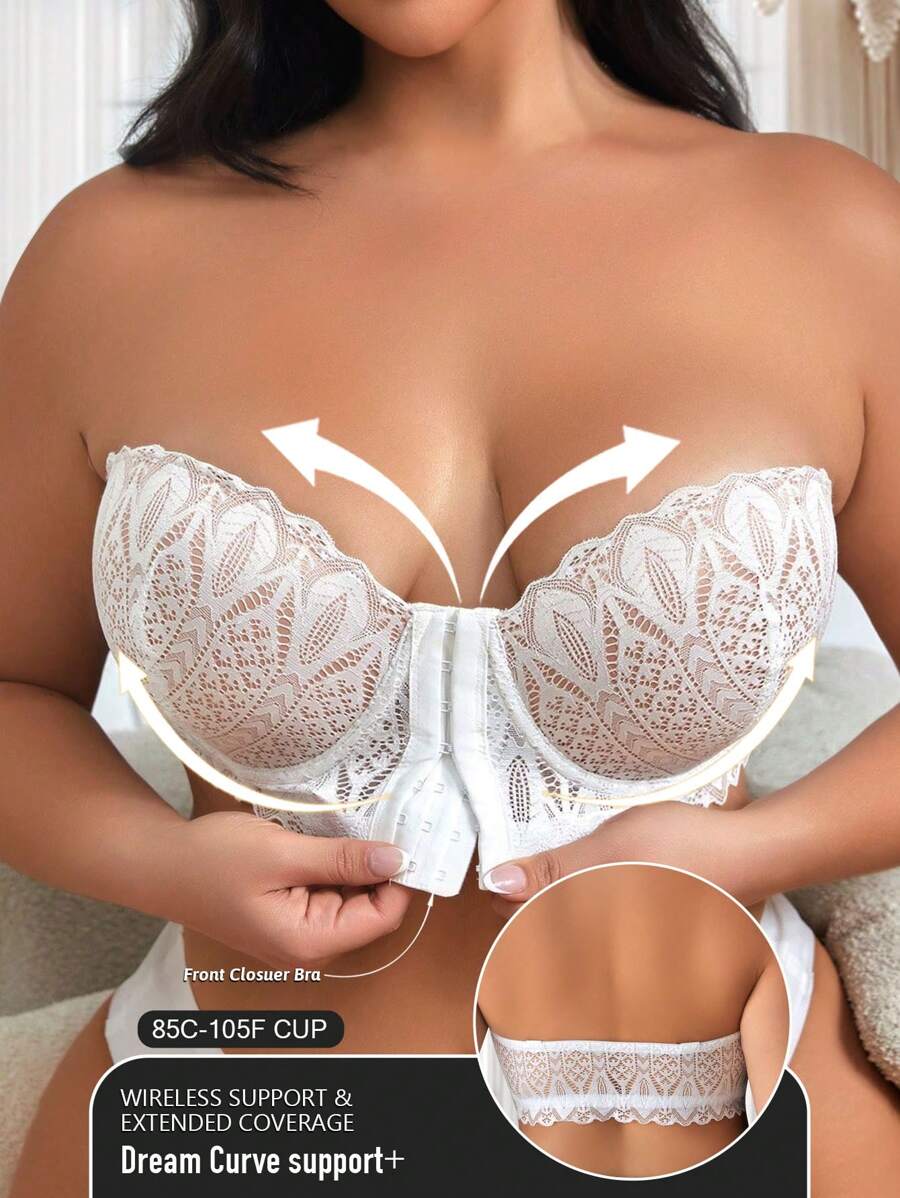 Plus Size Front Closure Lace Patchwork Wireless Bra With Underwire Support, Comfortable Lingerie - White - View 1