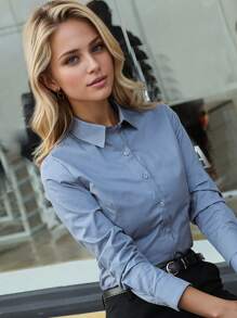Blusa de oficina gris nueva para primavera/otoño 2026, blusa de manga larga para el trabajo, vestimenta formal de negocios para mujeres - Gris - Ver 2