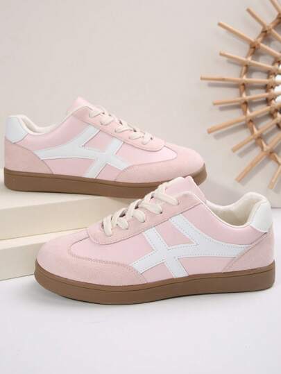 Women's Fashion New Spring/Autumn Round Toe Outdoor Casual Athletic Shoes, Geometric Splicing Striped Pink Detached Sole Shoes, Soft Comfortable Casual Sneakers