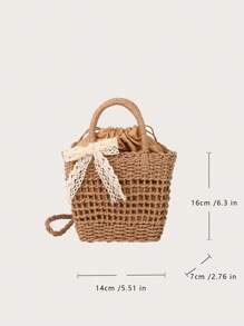 Yogodlns Luxury Designer Lace Bow Straw Weave Women's Handbag Crossbody Bag Small Bucket Tote Summer Beach Bag Casual Hollow Out Weaving Shoulder Bags For Women Small Square Crossbody Bag Purse Female Fashion Handbag Clutch
