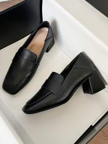 Women's Retro Simple Chunky Heel Flat Shoes, Comfortable Loafers 2025 New Black High Heels - Black - View 5