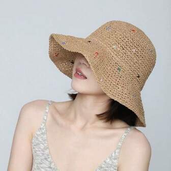1 件女士手工编织草编夏季帽子，防紫外线可折叠沙滩遮阳帽，适合户外、度假