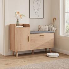 Shoe Cabinet, Shoe Rack With 1 Flap And 2 Compartments, Shoe Bench Upholstered With Cupboard For Entrance Area, Hallway, 100 X 30 X 69.5 Cm - Camel - View 3