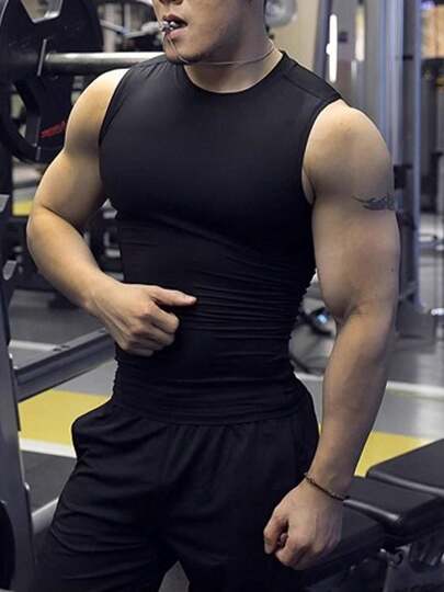 Chaleco sin mangas ajustado de baloncesto de verano para hombres, camiseta de tirantes deportiva de fitness, de alta elasticidad, absorbe el sudor, camiseta de cuello redondo