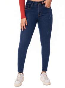 DUKEZA Jeans talla grande con pequeños detalles rasgados de cintura media casual y ajustado para mujer - Azul - Ver 1