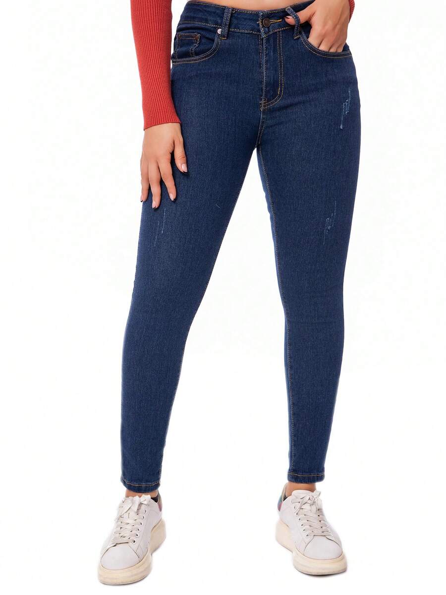 DUKEZA Jeans talla grande con pequeños detalles rasgados de cintura media casual y ajustado para mujer - Azul - Ver 1