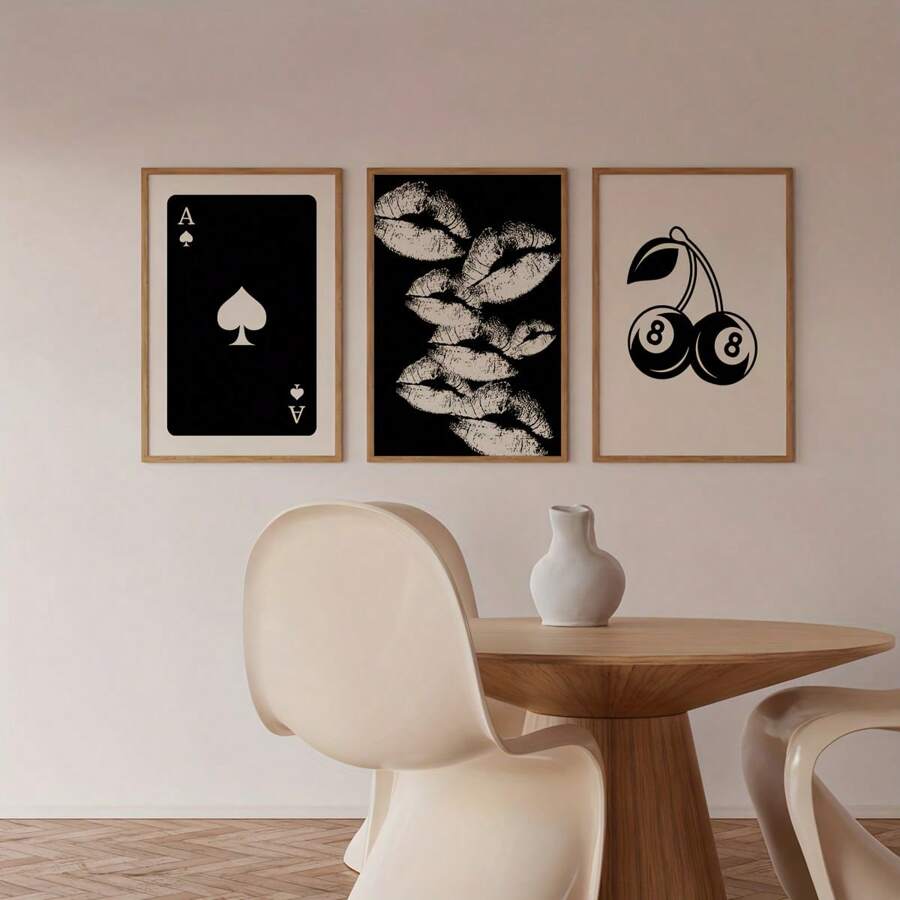 3 件/套复古装饰艺术风格黑白帆布墙面艺术印刷品，无框肖像方向，时尚主题，室内使用，防水，非常适合卧室、客厅、酒吧、浴室、家庭和宿舍装饰