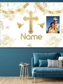 1 pieza Tela de fondo personalizable para fotografía de bautizo con nombre y foto de bebé, telón de fondo bendición de Dios para fiesta de