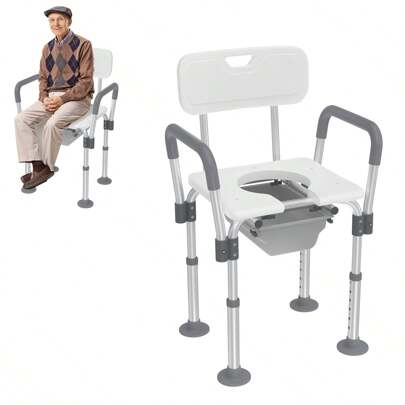  Chaise de douche VA-Cerulean tabouret de douche tabouret de salle de bain réglable en hauteur avec seau de toilette, accoudoirs amovibles et pieds en caoutchouc antidérapants chaise de chevet chaise de toilette aide à la douche siège de douche jusqu'à 150 kg
