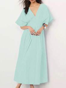 Spring And Summer Women's Casual And Fashionable Solid Color V-Neck Back Hollow Air-Quality Waist-Cinching Pleated Bat-Sleeve Elegant Long Large A-Hem Dress - Mint Green - View 4