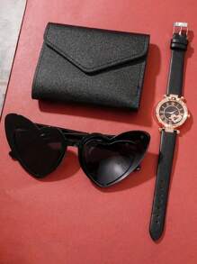 3 Piecesfashion Simple Pointer Ladies Quartz Watch Set, 1 Watch + 1 Fashion Glasses + 1 Wallet, Exquisite Ladies Watch Set, Suitable For All Women - Red - View 2