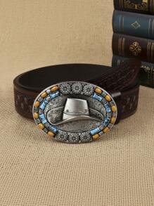 1pc Women Geometric Embossed Cowboy Hat & Bead Decor Oval Buckle Vintage Western Belt For Daily Life Boho Fall, Autumn, Halloween - Bronze - View 11