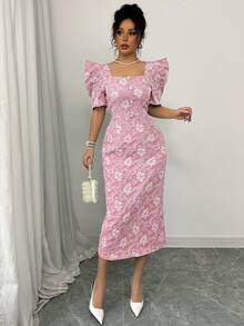 Spring/Summer Puff Sleeve Pearl Decor Button Long Jacquard Texture Dress, Elegant Lady Style, Pink, Suitable For Daily, Date, Wedding - Pink - View 6
