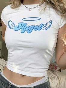 天使宝宝印花短款 T 恤，Y2K 风格，百搭，适合派对和活动 - 白色 - 查看 1