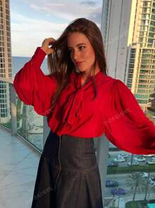 Women's Bowknot Neck Long Sleeves Sheer Chiffon Blouse Elegant Work Business Single Breasted Shirt Top Spring Outfits