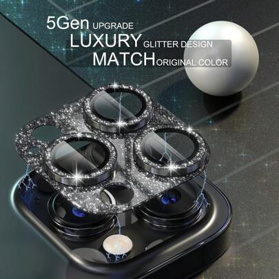Compatible With IPhone Camera Lens Protector, Bling Camera Cover With 9H Tempered Glass Lens Screen Protector Metal Ring Decoration Accessories (Glitter-Black) Gift For Birthday, Family, Friends Sparkling Crystal, Lens Protector, Phone Accessories