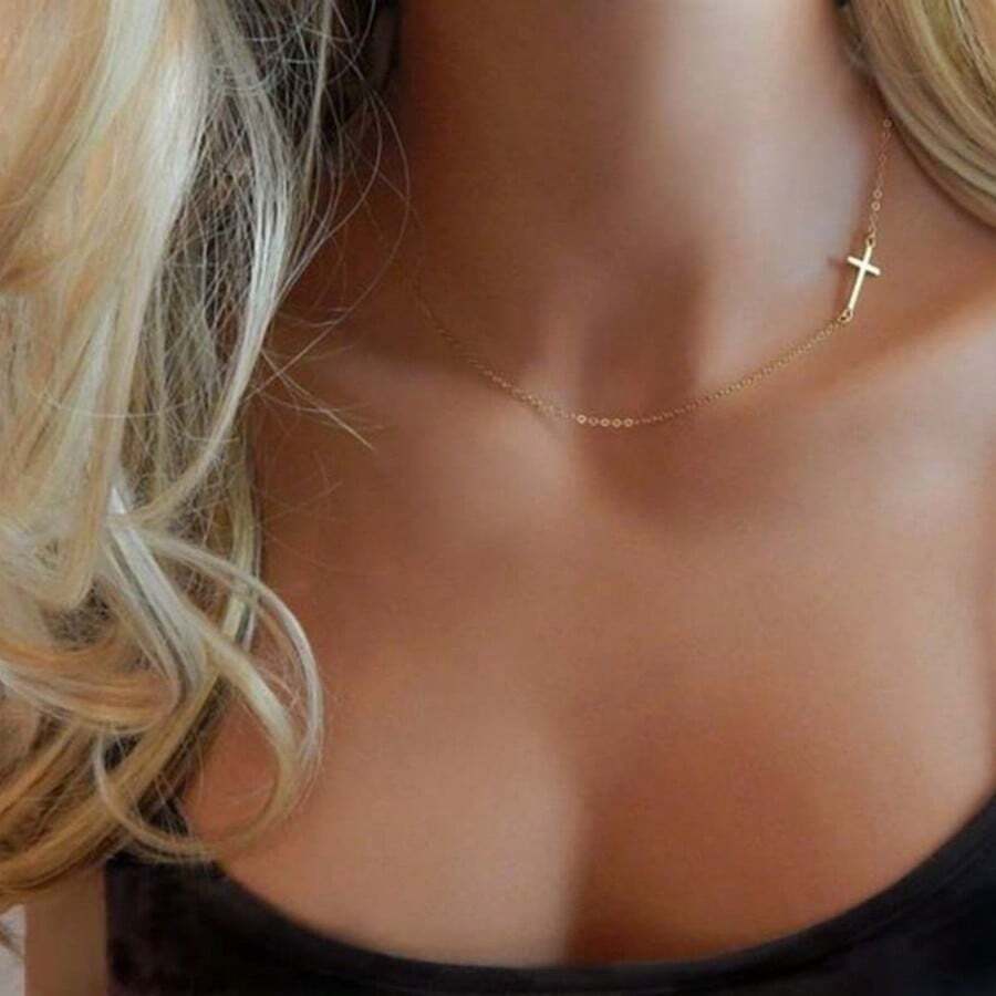 1pc Stainless Steel Simple Cross Pendant Choker Collarbone Chain, Suitable For Girls To Wear Daily Jewelry