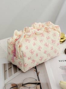 1个米色绗缝化妆包，碎花图案化妆包，蝴蝶图案化妆包，简约多功能化妆包，时尚休闲大容量拉链化妆包，旅行度假必备卫生巾化妆包