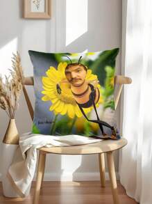 1pc Funny Bee & Flower Print Decorative Pillow Case, Customized Cushion Cover, Gag Gift For Friends, Creative Home Decor