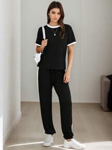 SANOPY Womens 2 Piece Outfits  Summer Tracksuit Sets Short Sleeve Tops Long Pants Jogger Lounge Set - 黑色 - 查看 4