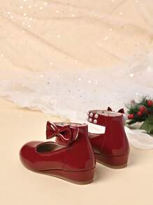 1 Đôi giày cao gót đế xuồng đính ngọc trai giả PU màu đỏ rượu vang cho bé gái, thích hợp cho đám cưới, sân khấu, lễ hội, mặc hàng ngày - Màu Đỏ Sâu - Xem 5