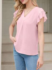 hoteel Women's V-Neck Pleated Ruffle Sleeve Casual Short Sleeve Shirt - Hồng - Xem 5