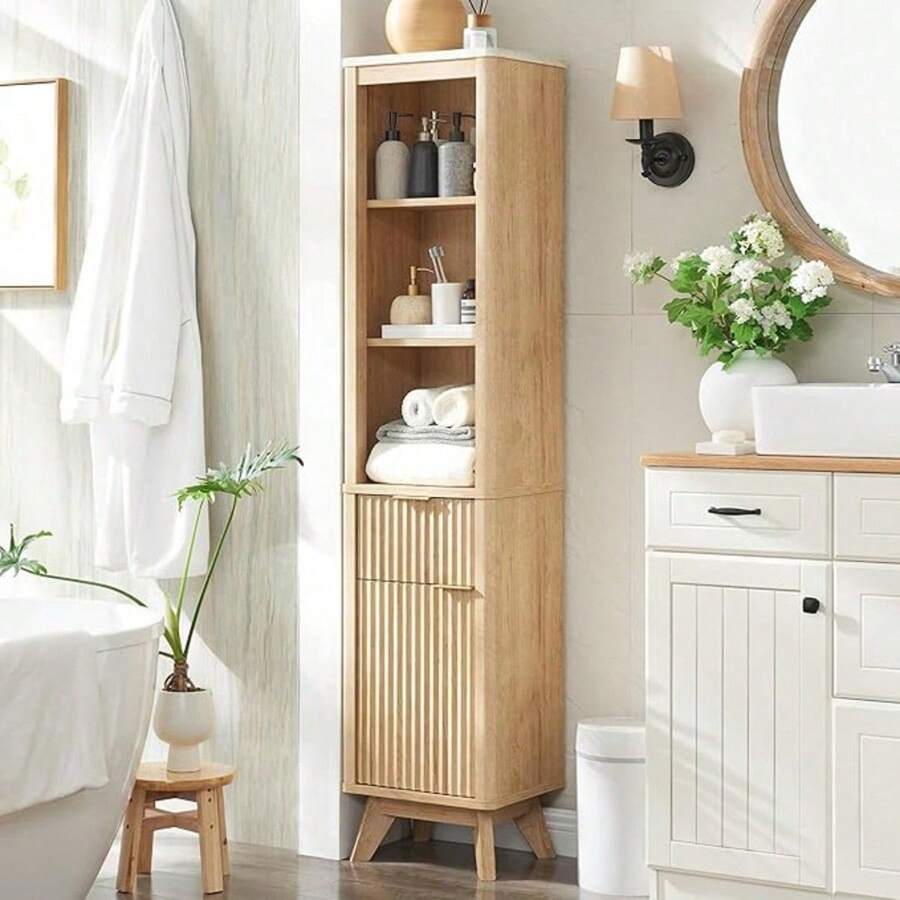 68" Tall Bathroom Narrow Storage Cabinet With Adjustable Shelf, Drawer & Faux Marble Top, Curved Profile Linen Tower For Bathroom, Living Room, Kitchen, Natural Oak Color - Natural Oak - View 1
