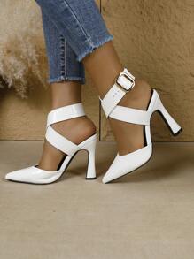 Women's Pointed Toe Stiletto Heel Backless Fashion Champagne/Black/White Sexy High Heel Pumps With Ankle Strap, - White - View 2