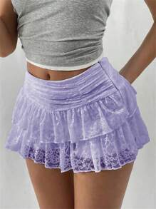 Women's Summer Lace Floral Skirt High Rise Tiered Ruffled Flowy Short Mini A Line Skirt Streetwear - Màu tím - Xem 4